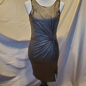 ASTR Gold Swoop Neck Ruched Midi Evening Dress SZ M